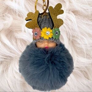 SLEEPY BABY  BIG POMPON IN GRAY CHARM KEYCHAIN NEW‎